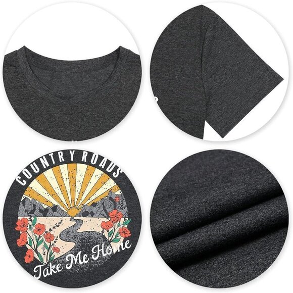 Women Dark Grey  Polyester Blend Country Roads Take Me Home Short Sleeve T-Shirt - Picture 7 of 7